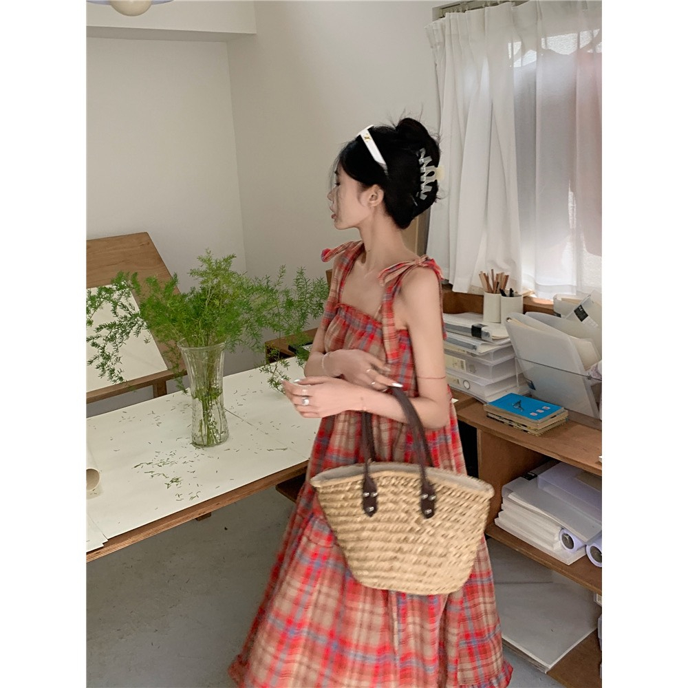 Đầm vintage kẻ caro đỏ, váy 2 dây buộc nơ vai, maxi dáng dài babydoll xếp bèo 3 tầng cực xinh - mã SV14 HMStyle