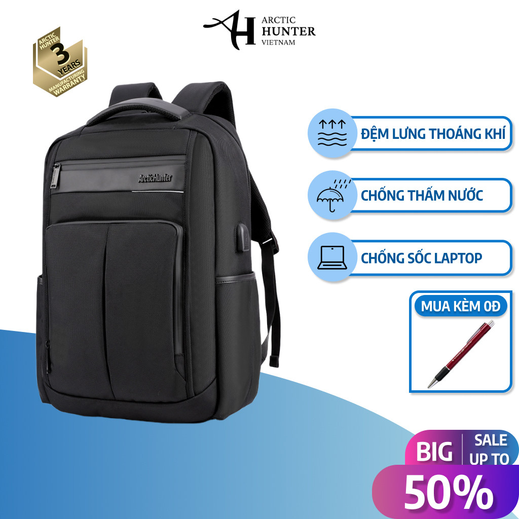 Balo laptop Arctic Hunter B00121 chống sốc 15.6 inch, chất liệu vải Oxford chống nước, cổng USB hiện đại