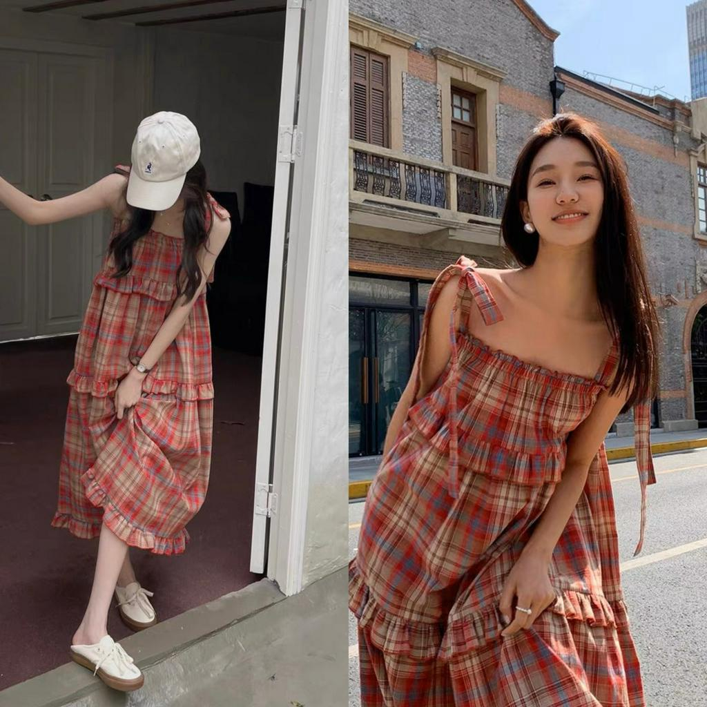 Đầm vintage kẻ caro đỏ, váy 2 dây buộc nơ vai, maxi dáng dài babydoll xếp bèo 3 tầng cực xinh - mã SV14 HMStyle