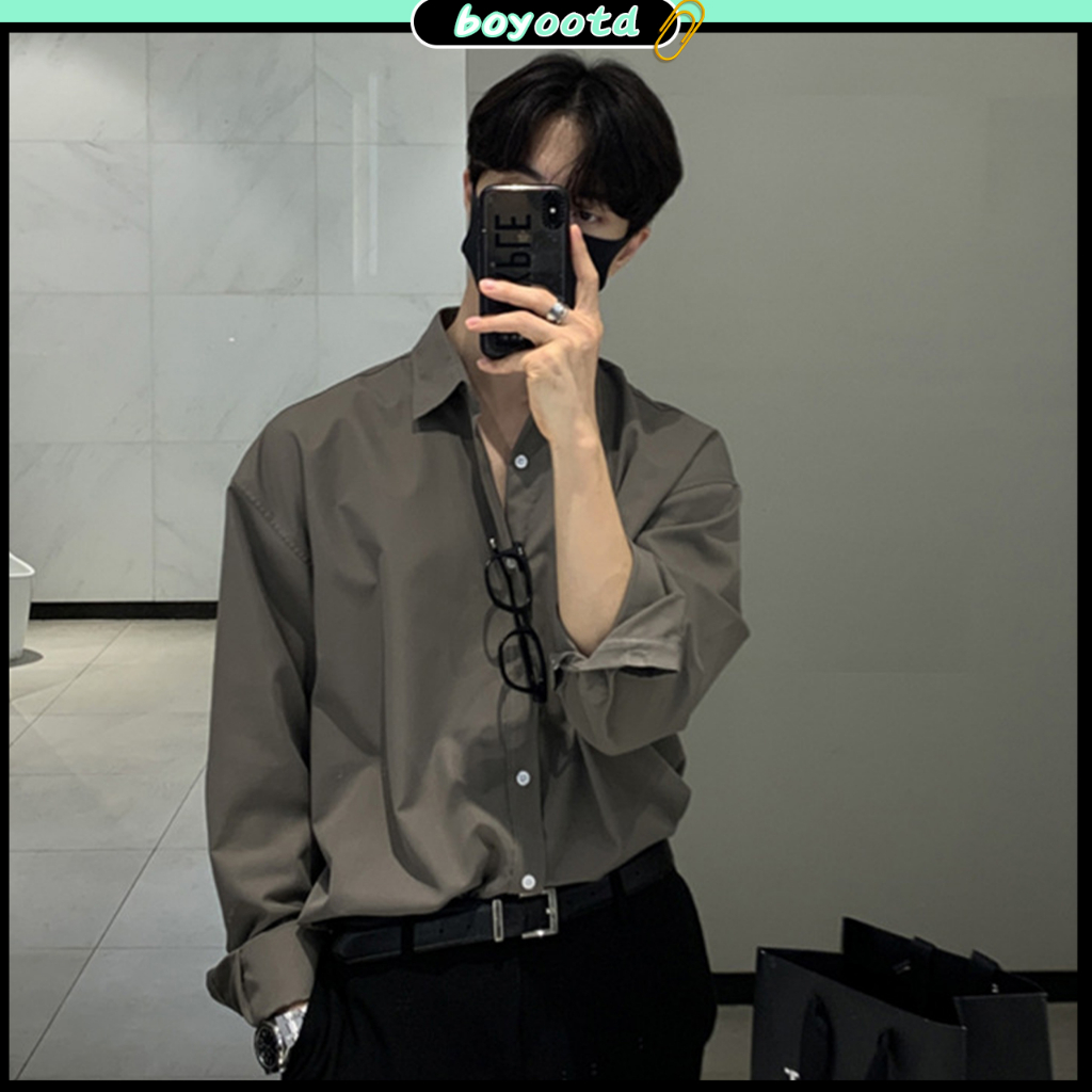 Áo sơ mi dài tay nam form rộng Áo sơ mi nam xám ÁO khoác màu trơn đơn giản thời trang theo phong cách hàn quốc