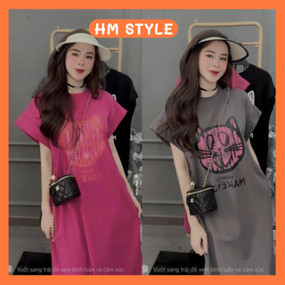 Đầm suông nữ HM Style, váy suông nữ chất thun co giãn dáng dài form rộng in hình mèo dễ thương