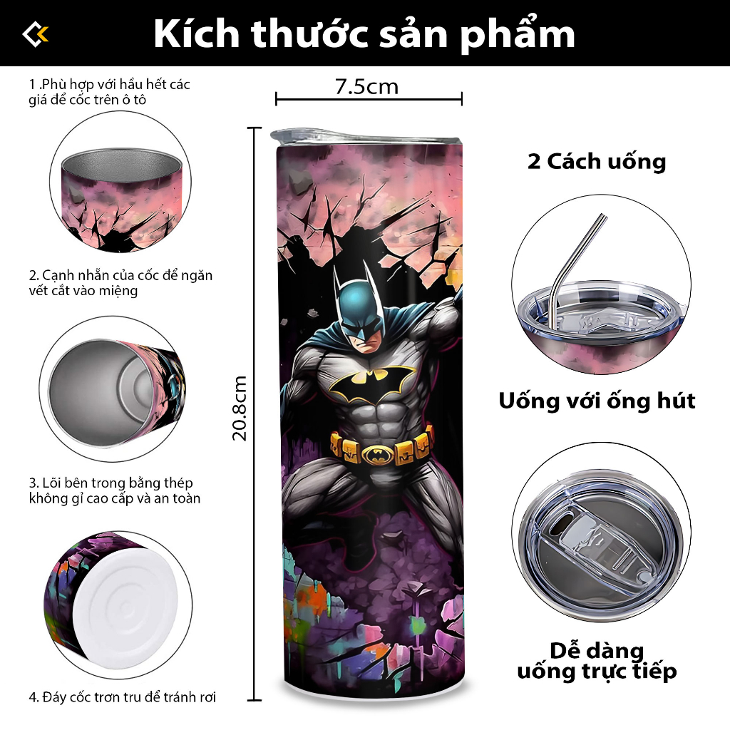 Bình Nước Batman - Bình Giữ Nhiệt Batman - Ly Giữ Nhiệt Batman 2 lớp thép không gỉ SUS304 - 600ml