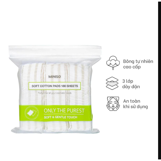 Bông Tẩy Trang Miniso, Bông Tẩy Trang Nhật Bản Túi Zip 180 Miếng, Bông Tẩy Trang Cotton 3 Lớp Siêu Dai
