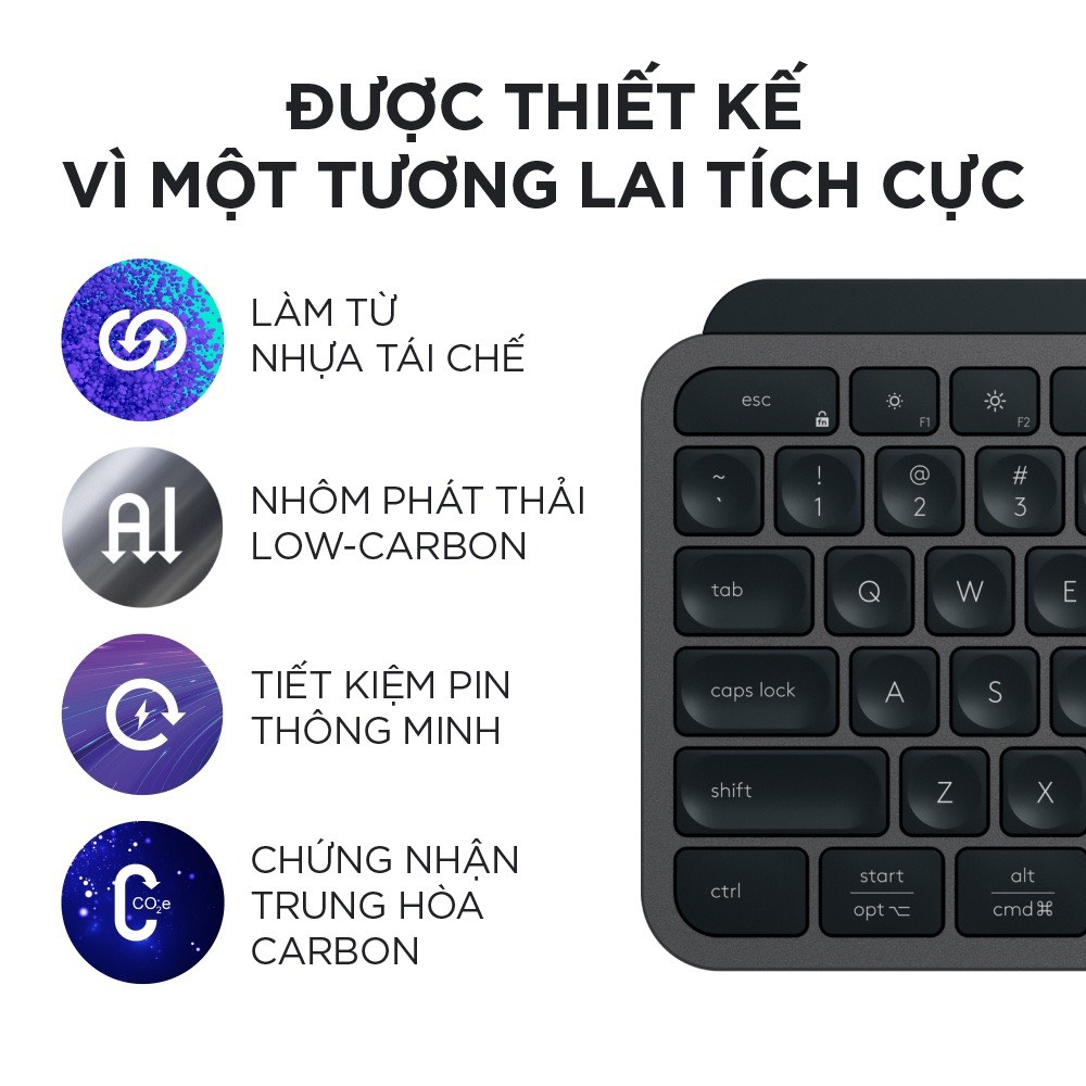 Bàn phím không dây Logitech MX Keys S - Low Profile yên tĩnh, Đèn nền, Bluetooth, Sạc USB-C - Bảo Hành Chính Hãng