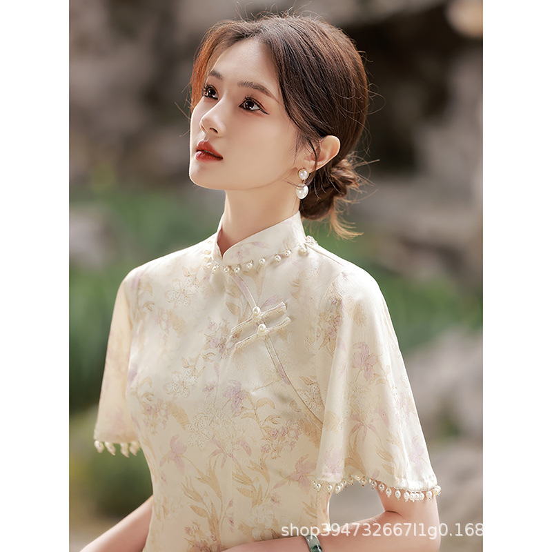 Sườn xám cách tân Sườn xám dáng dài hán phục Trung Hoa đầm sườn xám dáng dài tay cánh tiên đính ngọc trắng từ 43-65kg