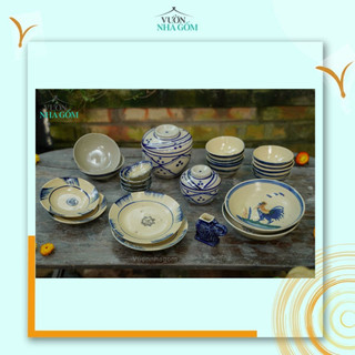 Bộ set chén bát dành xanh cho gia đình- bộ chén bát xưa dân dã- Vườn Nhà Gốm
