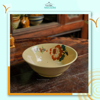 Set 5 cái Tô gốm vẽ thủ công, hoạ tiết bông nâu, Tô ăn phở, bát đựng canh- Vườn Nhà Gốm