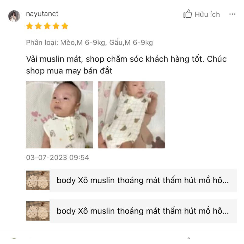 Bodysuit xô muslin  cho bé .từ 0-18 tháng ,thoáng mát an toàn cho bé