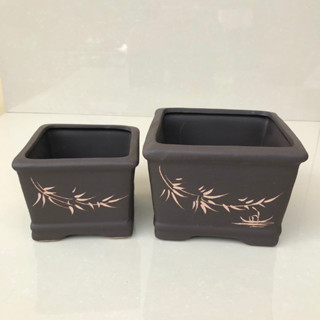 GV. Chậu Vuông bộ 2 đất nung trồng cây kiểng bonsai sen đá màu đen SP078