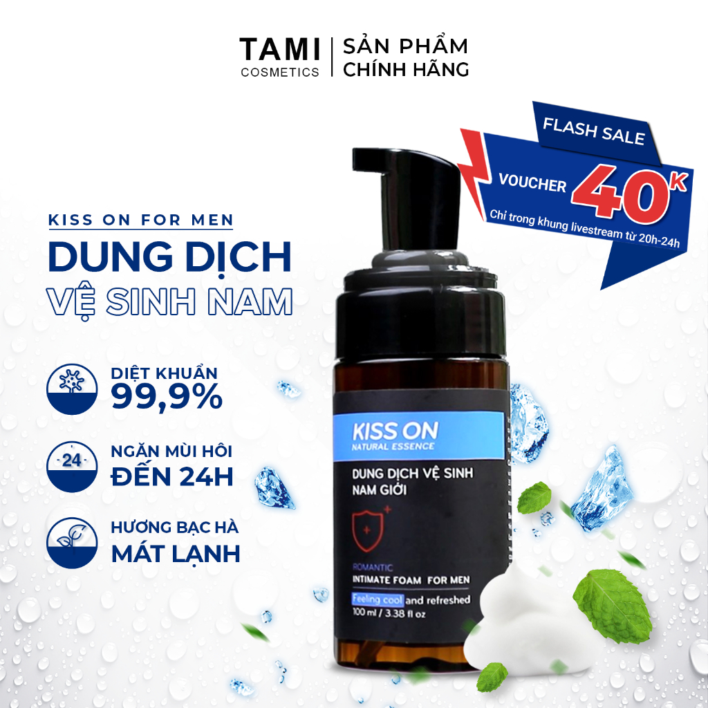 Dung dịch vệ sinh nam giới tạo bọt KissOn 100ml, ddvs bạc hà tươi mát giúp làm sạch sâu, diệt khuẩn, khử mùi 24h