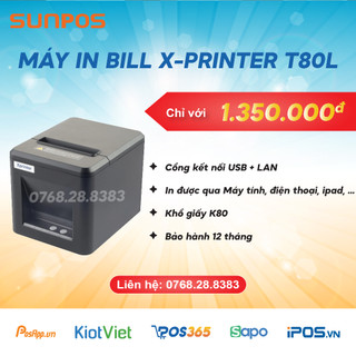 Máy in bill - T80L - Xprinter (máy in bill khổ giấy K80, in được qua laptop, điện thoại, máy tính bảng, ipad,...)