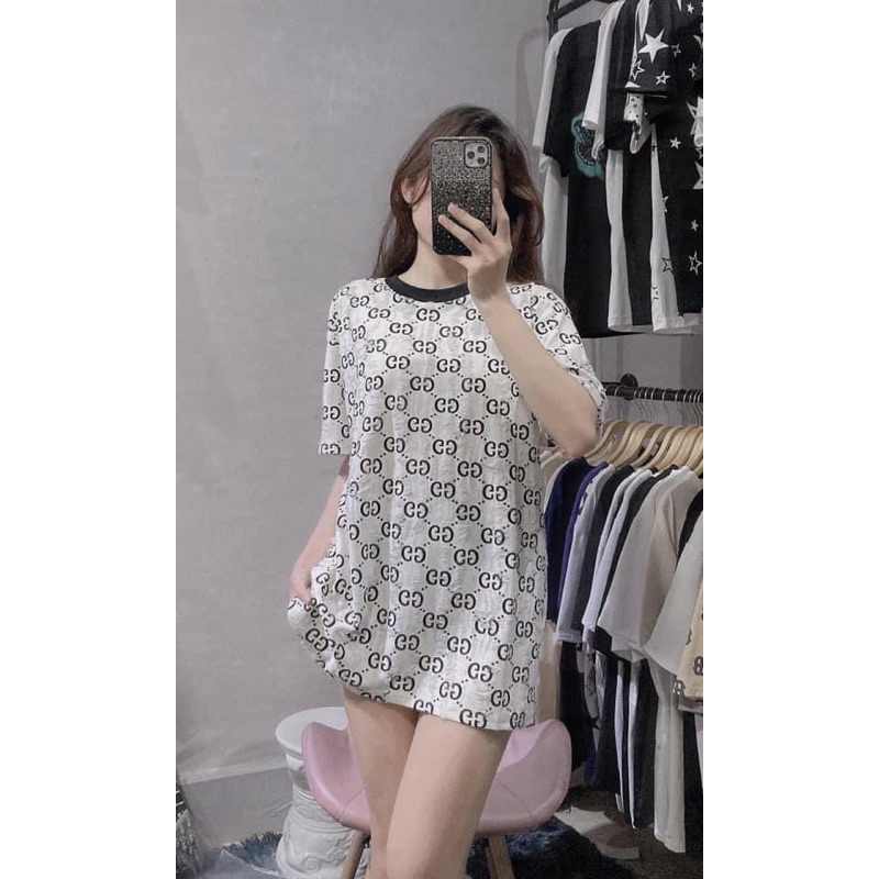 Áo phông tay lỡ loang xám đen Vân đá in kín G.g Ln