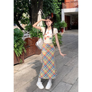 (SẴN SET VÀNG DÀI S) SET ÁO THUN CUTE CHÂN VÁY ĐUÔI CÁ SỌC CARO ULZZANG