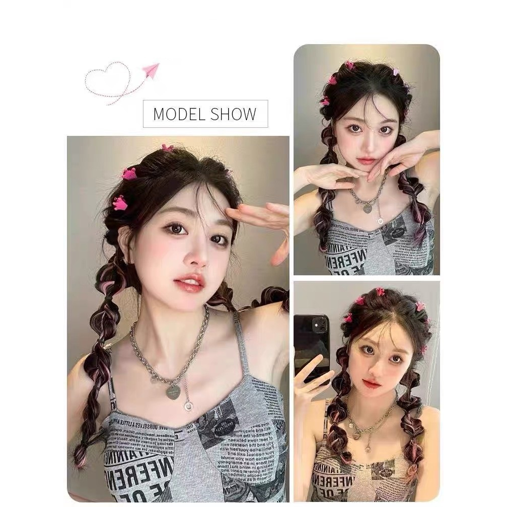 Tóc giả thắt bím tết highlight MIX HỒNG  dành cho nữ giá 1 bên