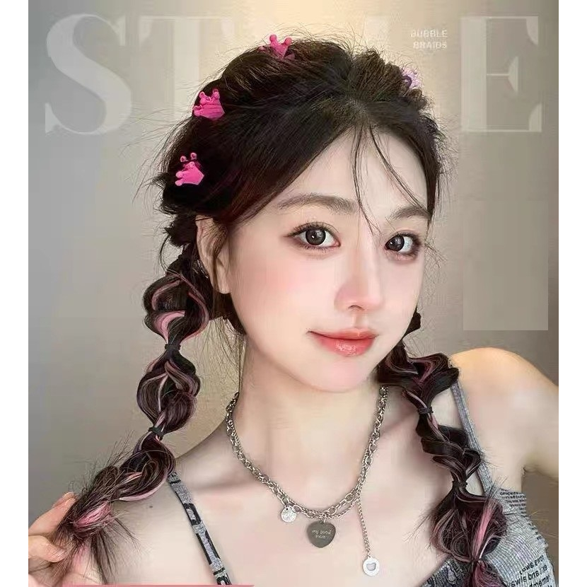 Tóc giả thắt bím tết highlight MIX HỒNG  dành cho nữ giá 1 bên