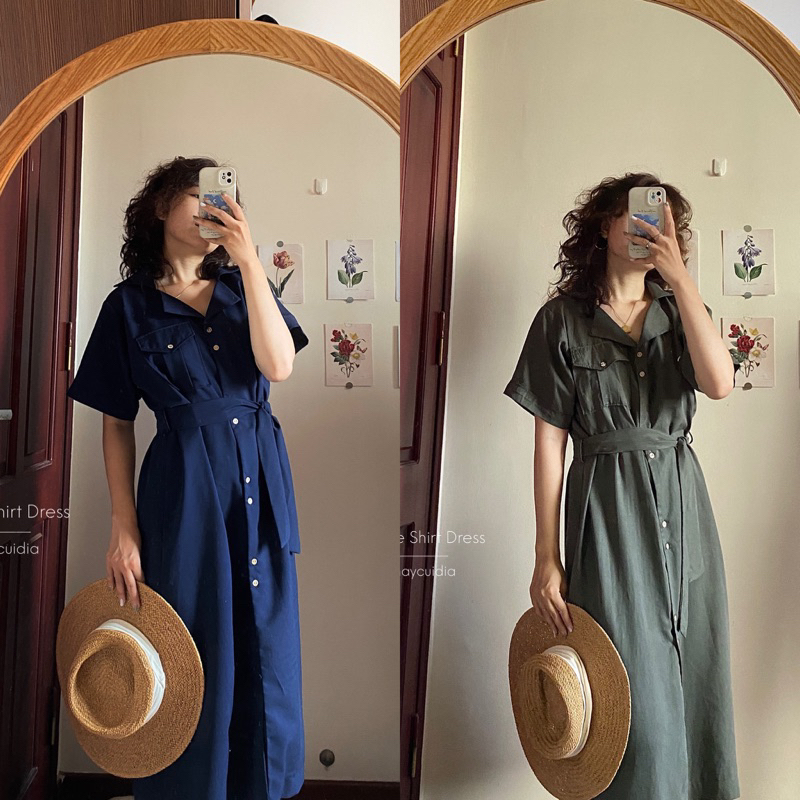 Đầm váy sơ mi xanh thanh lịch vải mát dày dặn thanh lịch