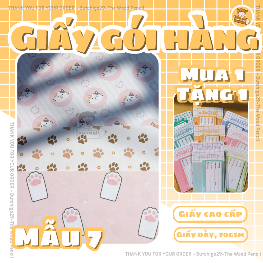 (MẪU 7) Set giấy gói hàng, gói quà họa tiết Mèo dễ thương, đơn giản - Butchigo29