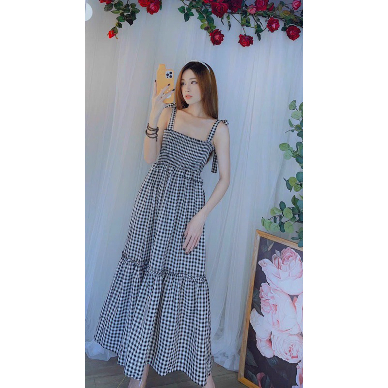 Đầm Maxi Kẻ Sọc Caro 2 Dây Cột Nơ Dáng Rộng kèm ảnh thật