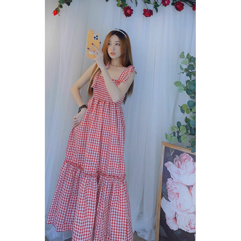 Đầm Maxi Kẻ Sọc Caro 2 Dây Cột Nơ Dáng Rộng kèm ảnh thật