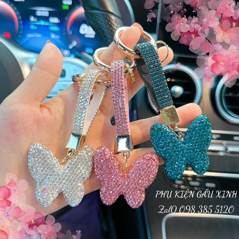 Móc khoá hình bướm đính đá, charm phụ kiện treo túi, balo