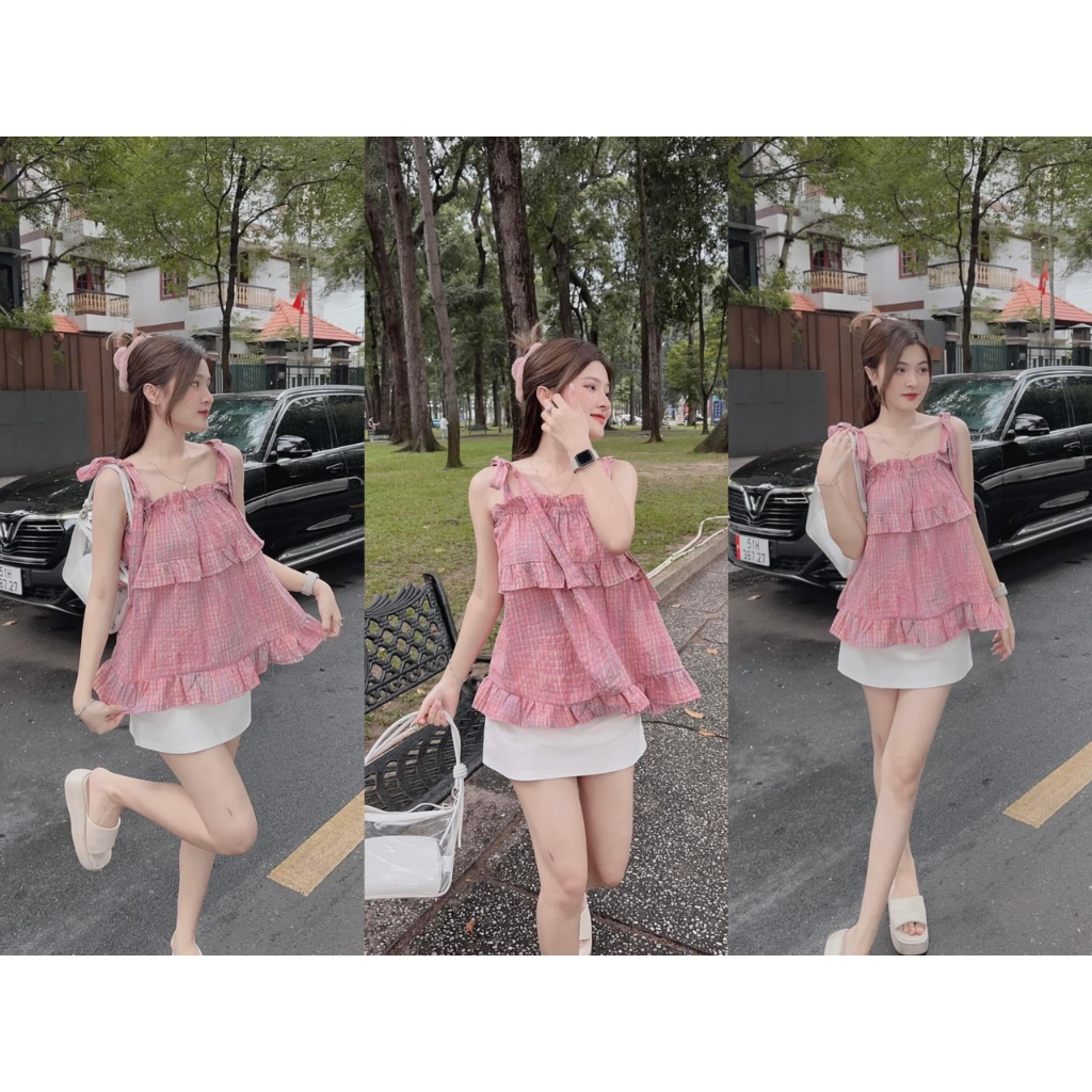 Set váy áo hai dây baby doll caro hồng mix chân váy trắng basic xinh xắn dành cho nàng diện dạo phố, đi chơi,đi biển