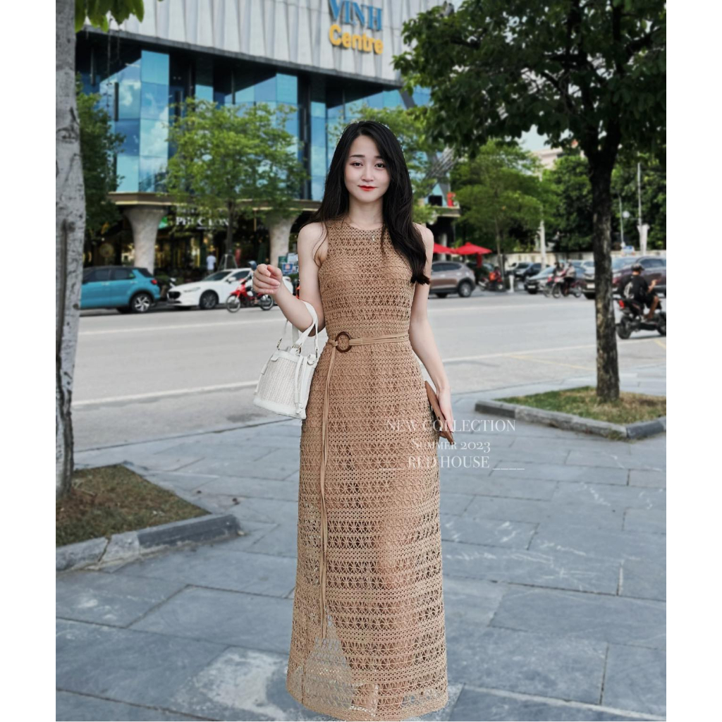 Váy ren lưới suông dài kèm dây eo