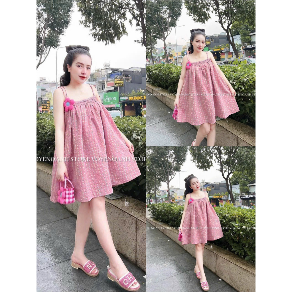 Đầm hai dây caro hồng hottrend,đầm baby doll cài bông xinh xắn dễ thương