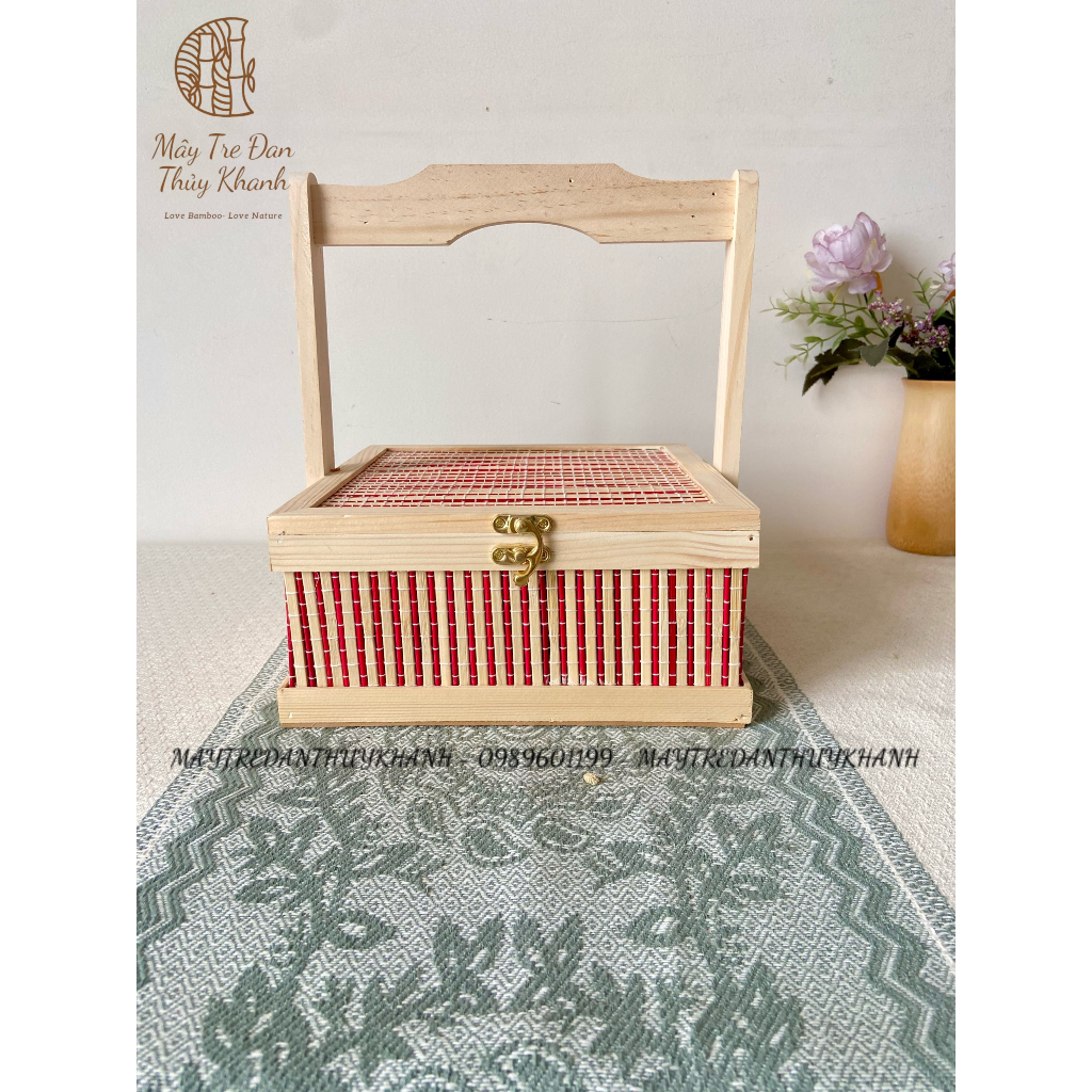 Hộp đựng bánh trung thu, hộp đựng quà, hộp đựng đồ bằng gỗ màu đỏ Mây Tre Đan Thuỷ Khanh