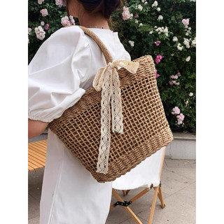 Túi cói xách tay đan thưa kiểu dáng vintage đi biển, chụp ảnh tặng kèm nơ ren