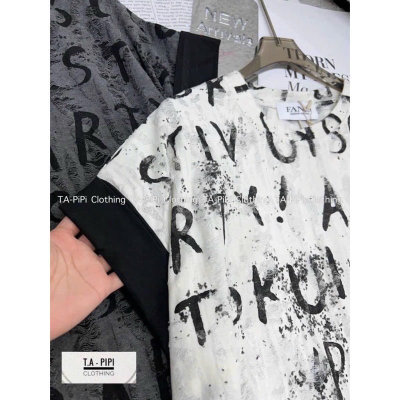 Đầm Xuông Tay Ngắn Viền Thun Rách Chữ QCCC Dáng Xuông Dài