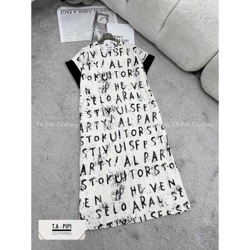 Đầm Xuông Tay Ngắn Viền Thun Rách Chữ QCCC Dáng Xuông Dài