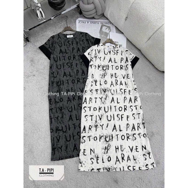 Đầm Xuông Tay Ngắn Viền Thun Rách Chữ QCCC Dáng Xuông Dài