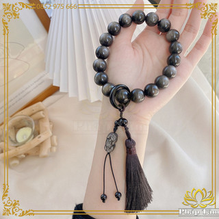 Vòng tay, chuỗi hạt niệm mix tỳ hưu phong thủy đá núi lửa obsidian cao cấp vân xám khói - tâm phong thủy