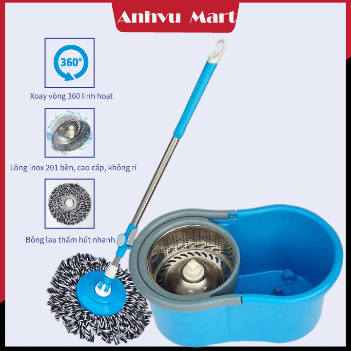 Bộ lau nhà 360 tự vắt thông minh lồng inox kèm thùng vắt xoay rất nhẹ vắt khô cây lau inox và bông siêu sạch