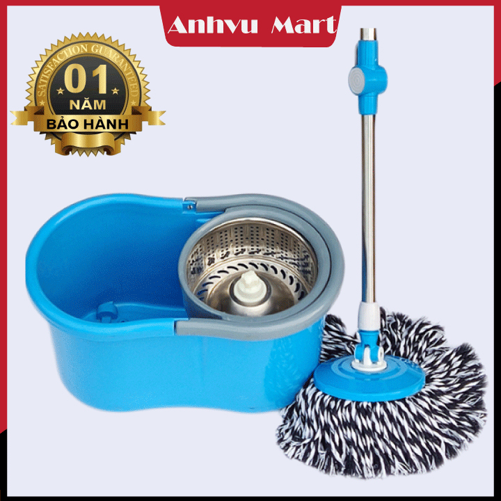 Bộ lau nhà 360 tự vắt thông minh lồng inox kèm thùng vắt xoay rất nhẹ vắt khô cây lau inox và bông siêu sạch