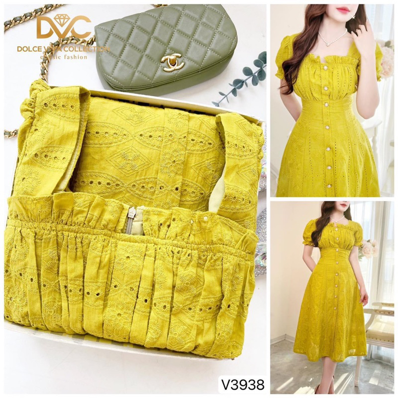 V3938 - váy xoè màu xanh cốm