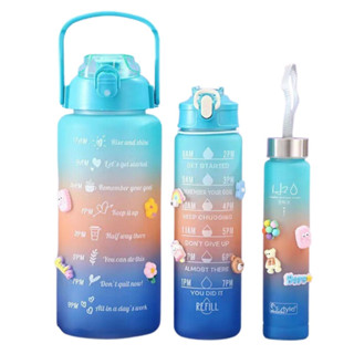 Combo 3 Bình nước chia vạch nhắc nhở uống nước, Bình đựng nước 2 Lít, 900ml, 300ml, Tặng Kèm Sticker nổi 3D