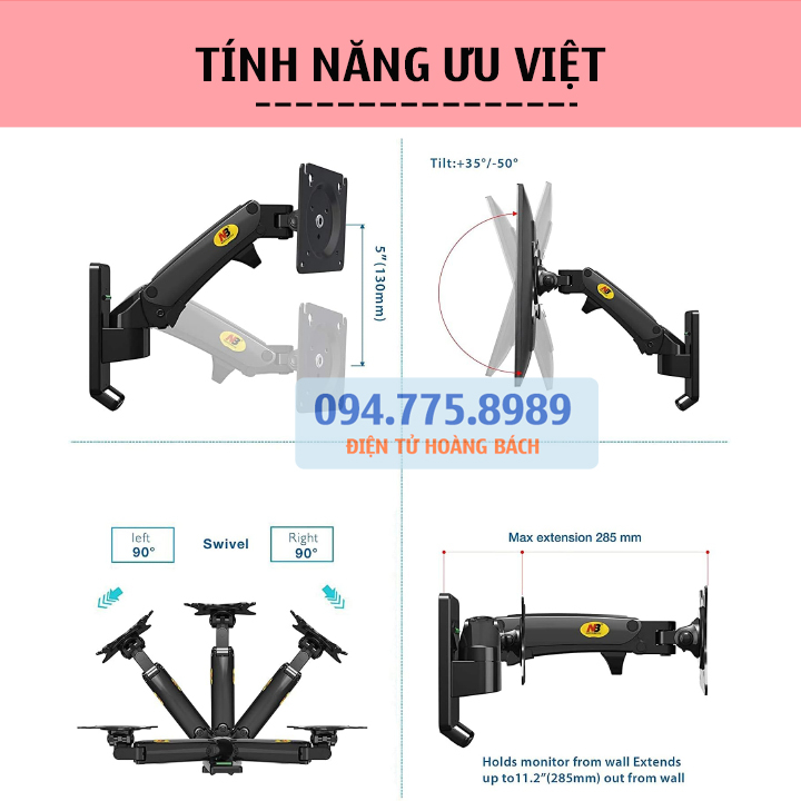 Giá treo màn hình máy tính NB F120 17 - 27 Inch - Arm Màn Hình Gắn Tường Xoay 360 Độ - Điều Chỉnh Cao Thấp