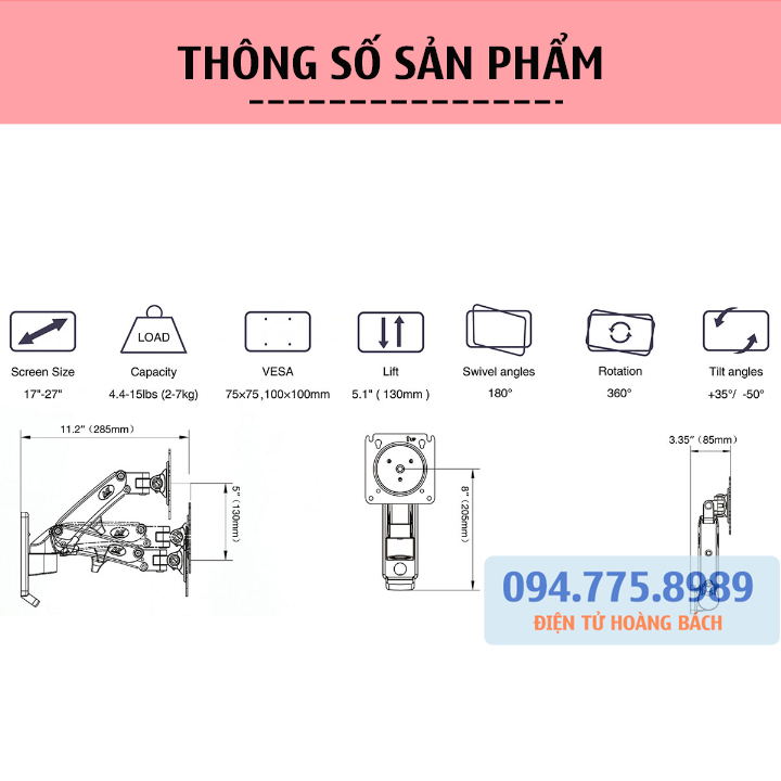 Giá treo màn hình máy tính NB F120 17 - 27 Inch - Arm Màn Hình Gắn Tường Xoay 360 Độ - Điều Chỉnh Cao Thấp