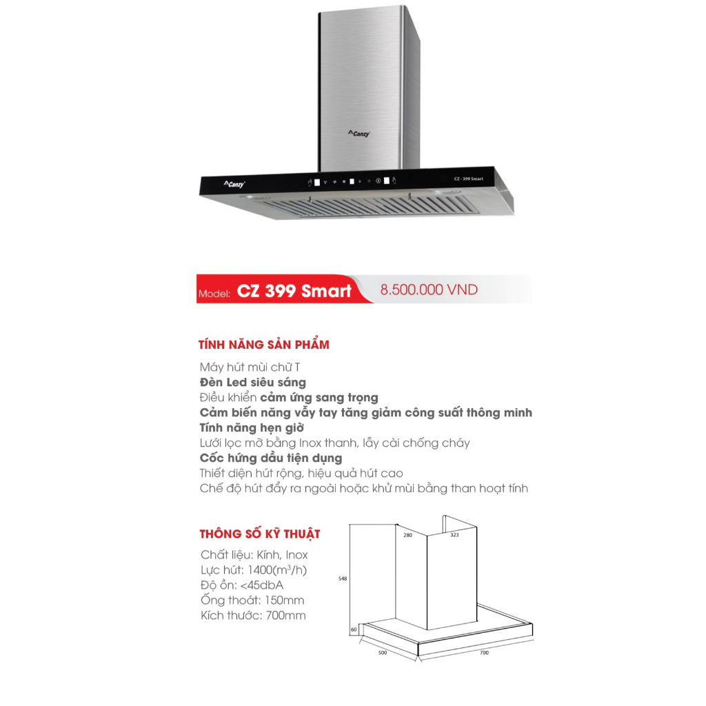 Máy hút mùi chữ T Canzy CZ-399 Smart Điều khiển Vẫy Tay cảm ứng siêu nhạy, Có hẹn giờ, Hút êm, Máy khỏe 1400m3/h)