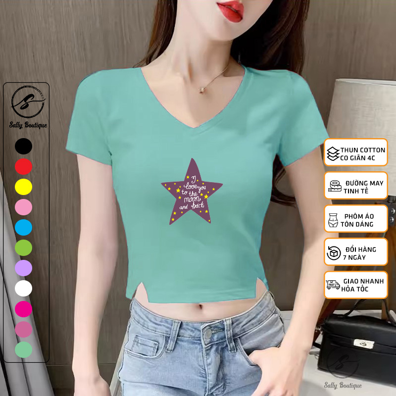 Áo Croptop Nữ Cổ Tim Xẻ V Cách Điệu Lucky Star Chất Thun Cotton Co Giãn 4 Chiều Mềm Mịn Mặc Mát 11 Màu Đẹp -CRT019