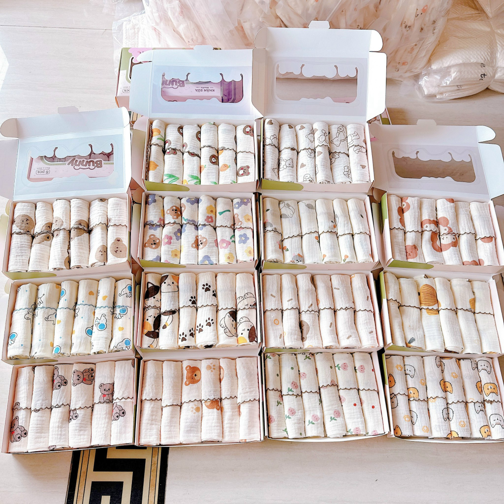 Set Hộp 6 Khăn Sữa Vải Xô Muslin Bunny Mềm Mại Cho Bé Sơ Sinh - Khăn Sữa Vải Xô Organic Cho Bé Sơ Sinh
