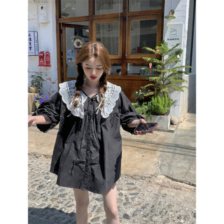 𝗺𝗶𝗲 𝘀𝘁𝘂𝗱𝗶𝗼 - SẴN ĐEN Áo điệu babydoll cổ ren to dễ thương freesize