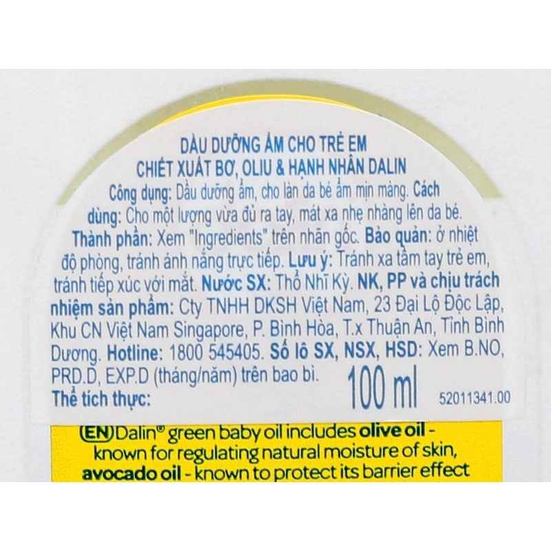 [Date T5/2024] Dầu dưỡng ẩm trẻ em Dalin chiết xuất bơ, ôliu, hạnh nhân 100ml –  SX Tại Thổ Nhỉ Kì