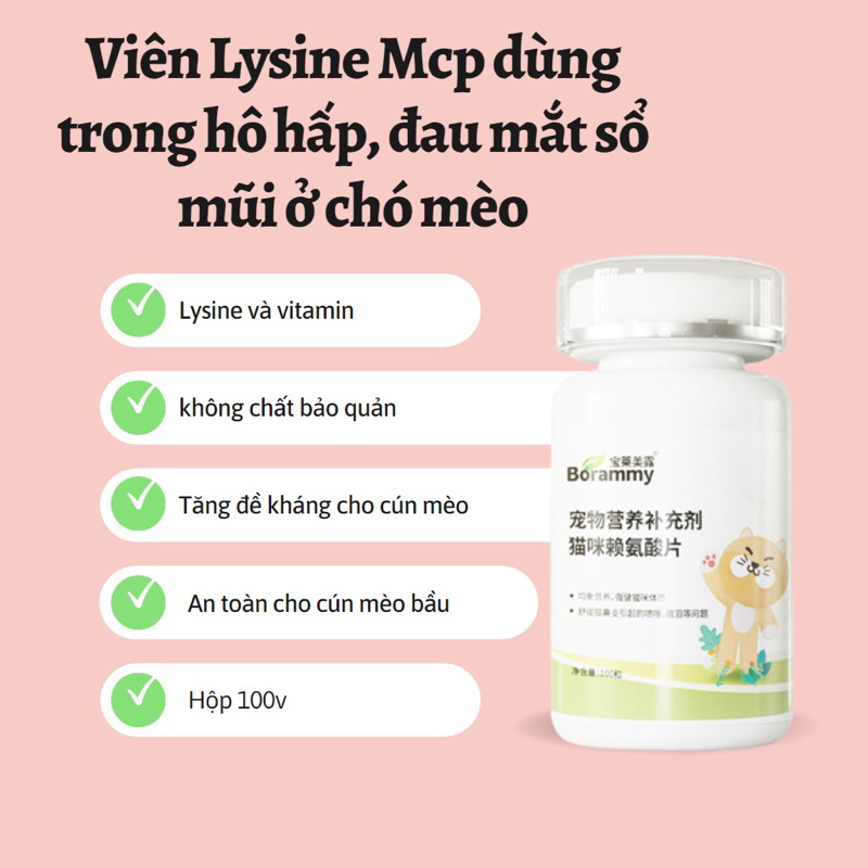 Viên Lysine hỗ trợ hô hấp tăng đề kháng Borammy cho mèo