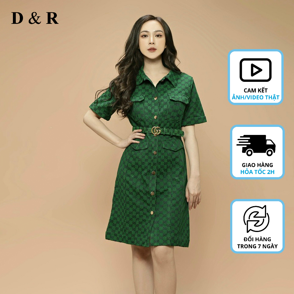 Đầm sơ mi jean bigsize họa tiết GC kèm belt Quảng Châu cao cấp D&R Fashion D174
