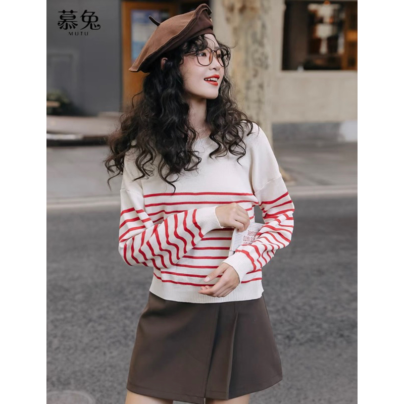 Áo thun nữ kẻ sọc đỏ phong cách Pháp đơn giản thanh lịch