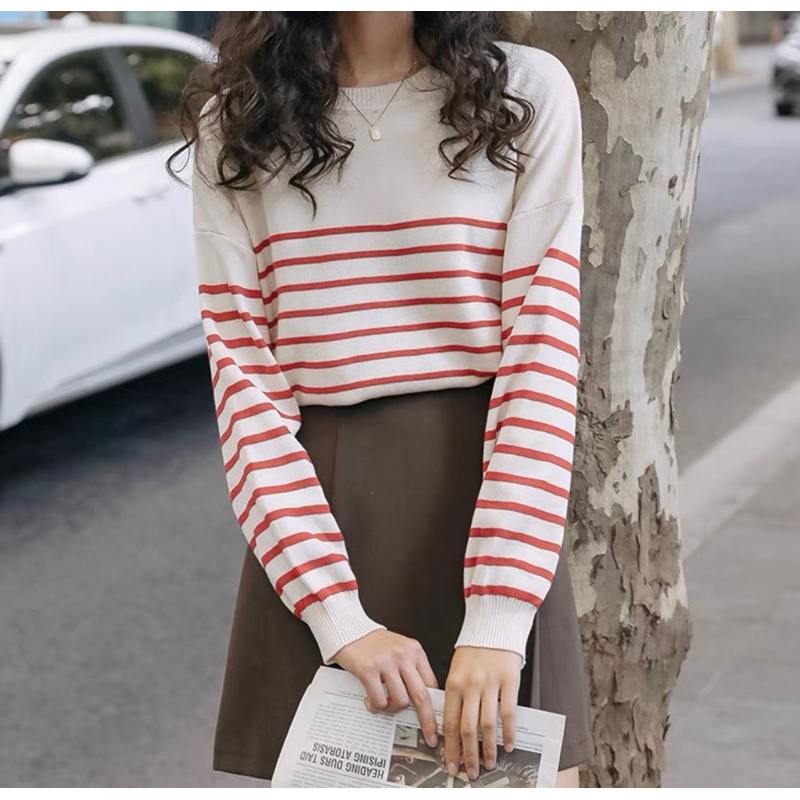 Áo thun nữ kẻ sọc đỏ phong cách Pháp đơn giản thanh lịch