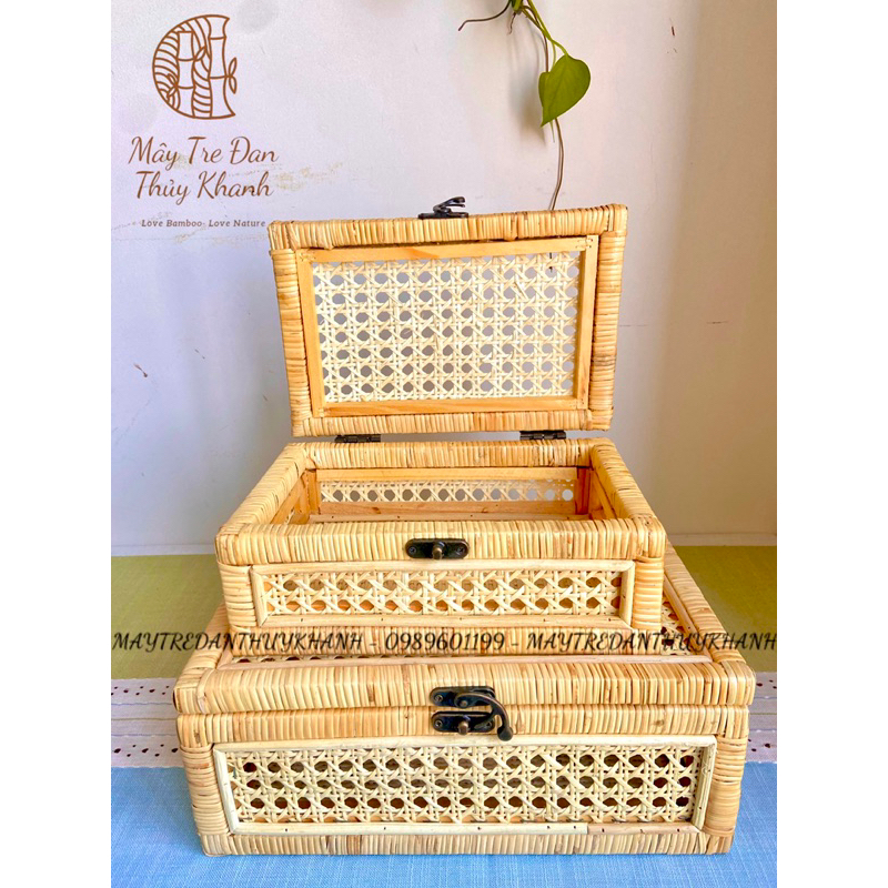 Hộp mây chữ nhật mắt cáo đa năng, decor trang trí Mây tre đan Thủy Khanh
