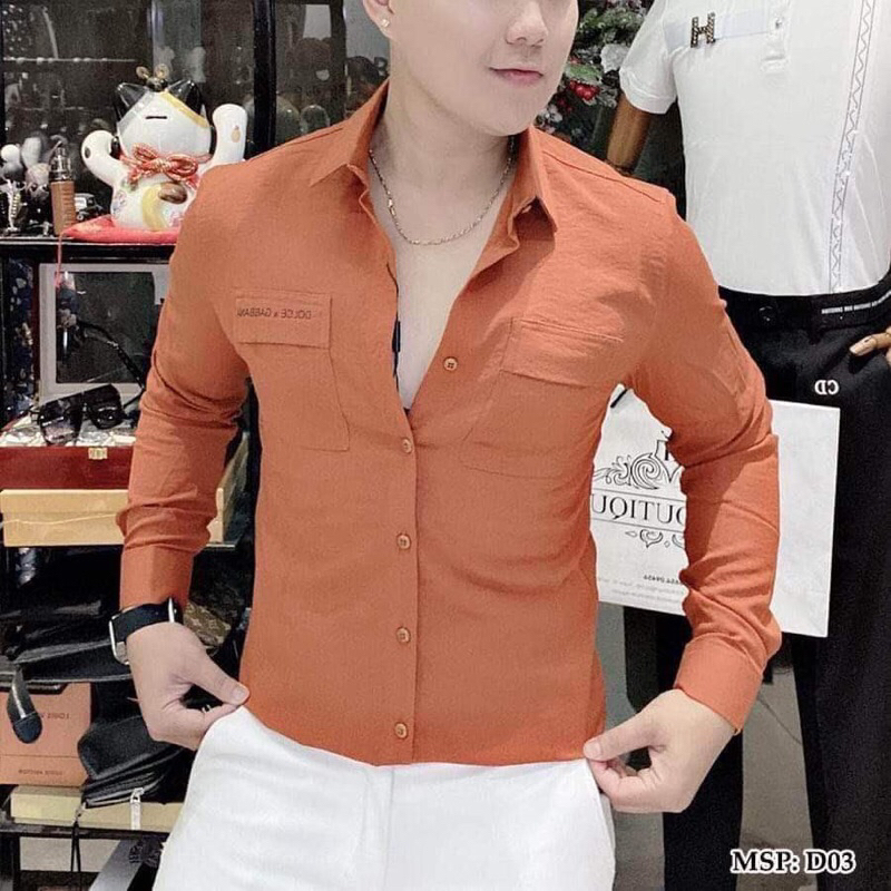 Áo sơ mi thêu túi chất vải đũi cao cấp không nhăn . form áo slim